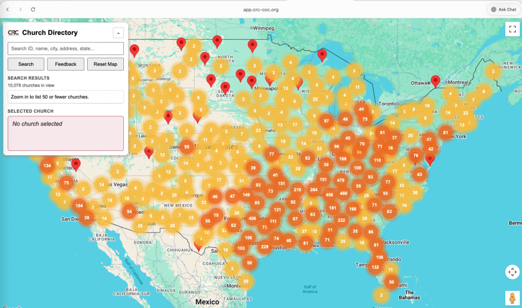 Interactive map showing Churches of Christ congregations across the United States